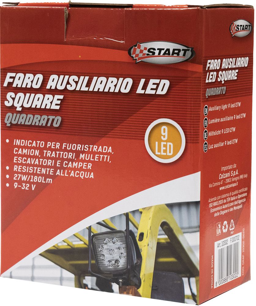 Faro ausiliario 9 led quadrato auto nero, indicatore fuori strada