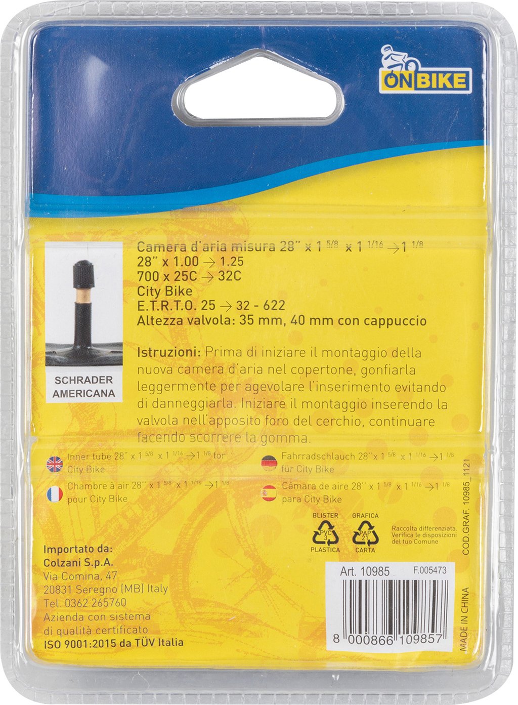 ON BIKE Camera d?Aria Bici 28? x 1 5/8 x 1 1/16 - 1 1/8 con Valvola Schrader