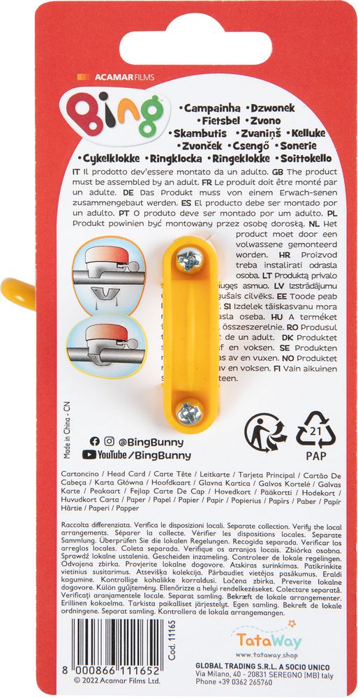 Campanello bici metallo bambino coniglietto Bing rosso ciclo