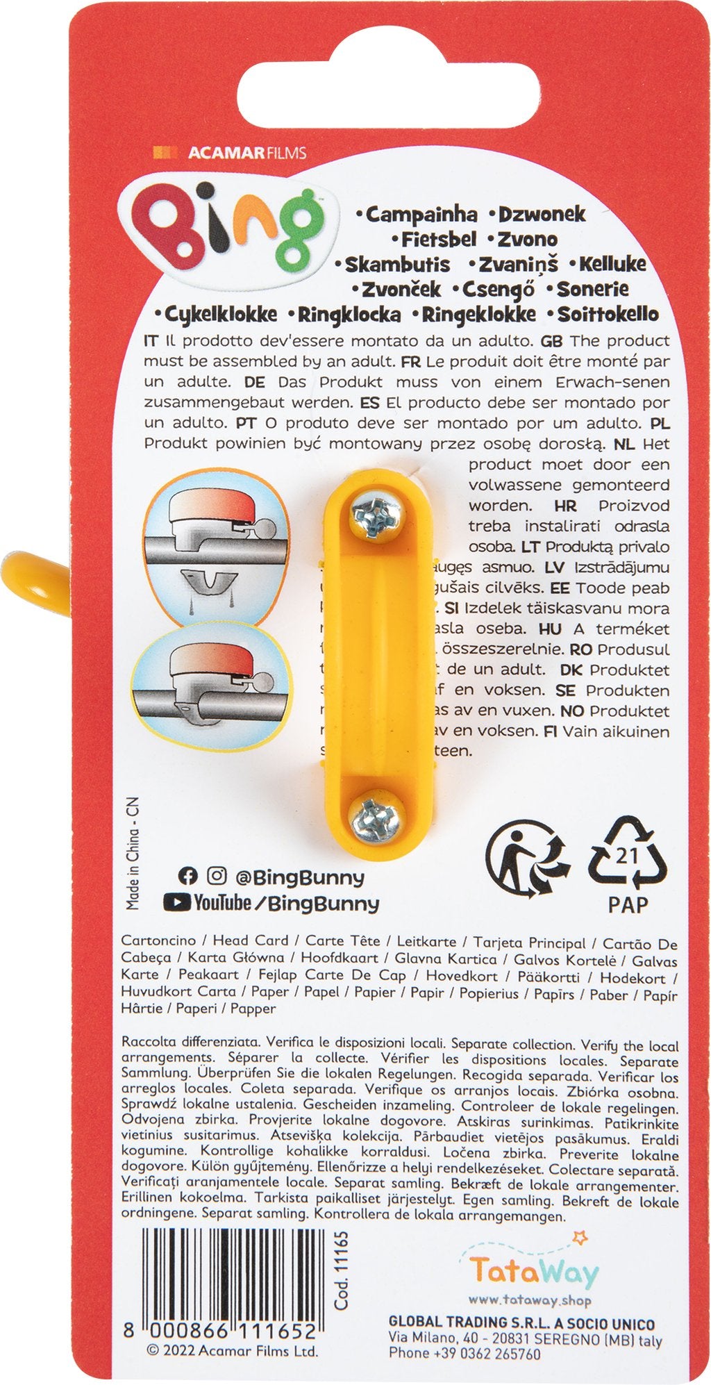 TATAWAY Campanello bici metallo bambino coniglietto Bing rosso ciclo