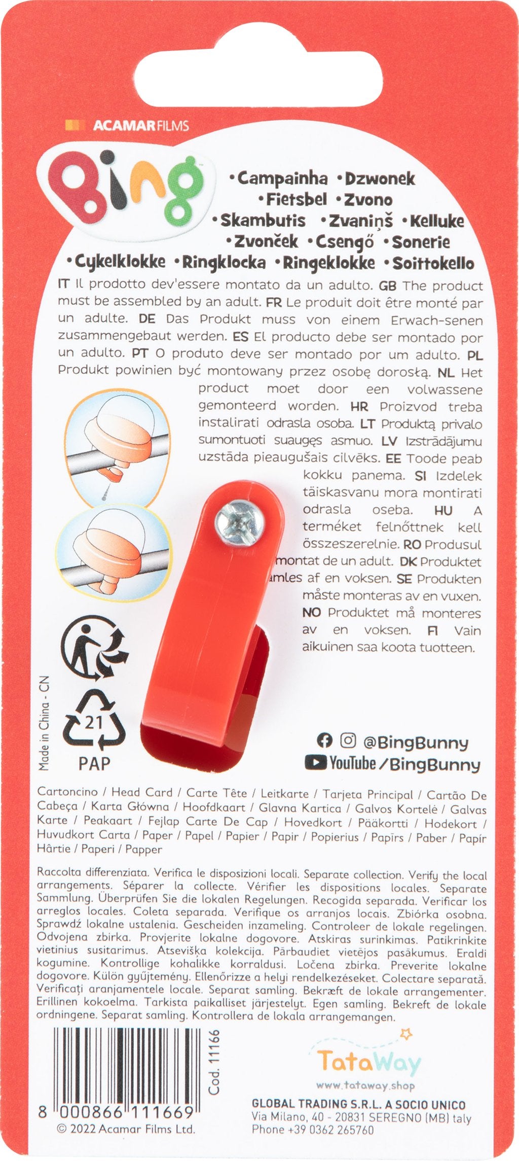 TATAWAY Campanello bici modello squeezy bambino coniglietto Bing rosso