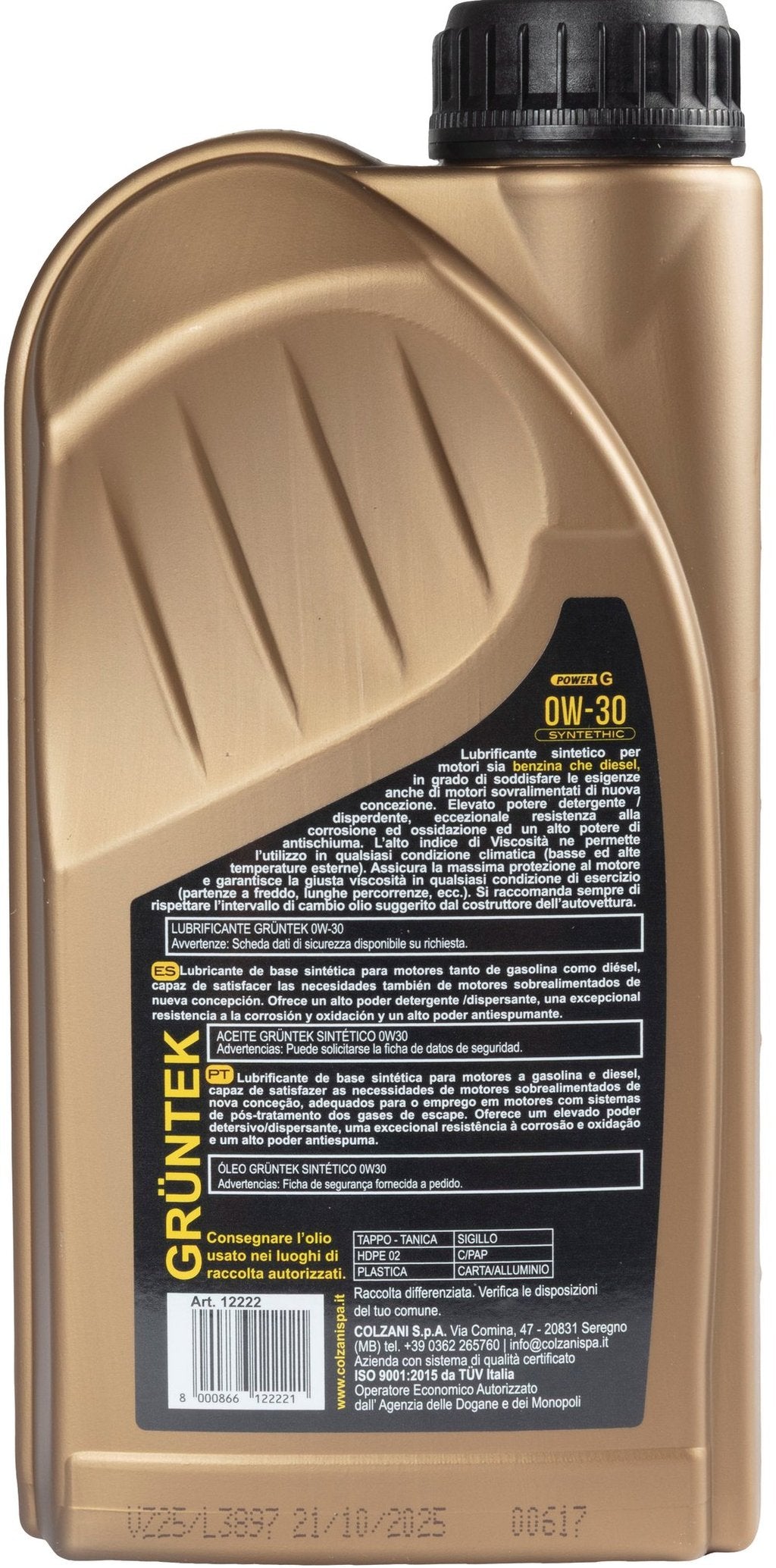 GRUNTEK Olio Motore 0W30 1 Litro ? Lubrificante Sintetico per Motori Benzina