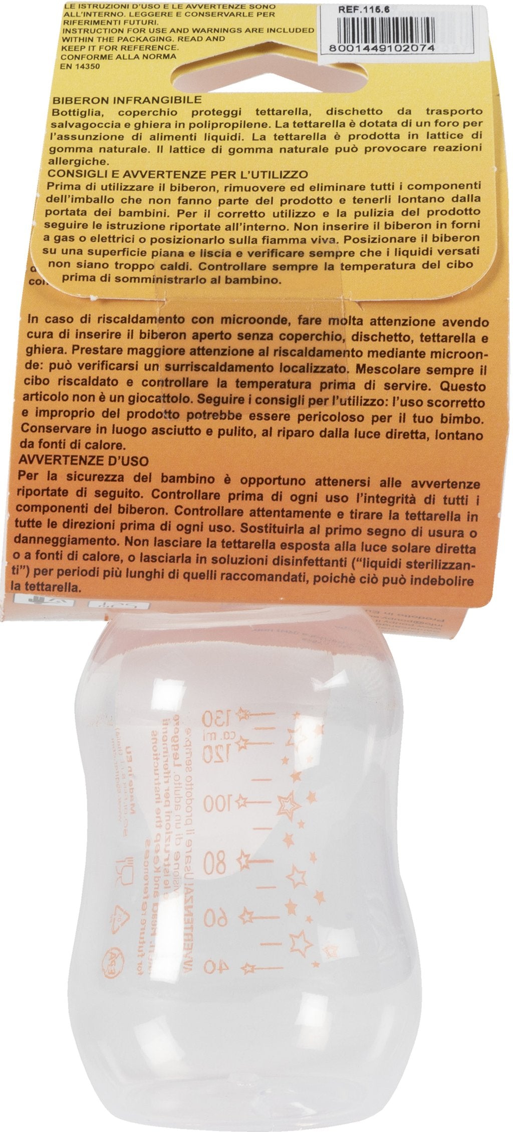 POUPY Biberon clindrico decorato per neonati da 130 ml con tettarella in gomma