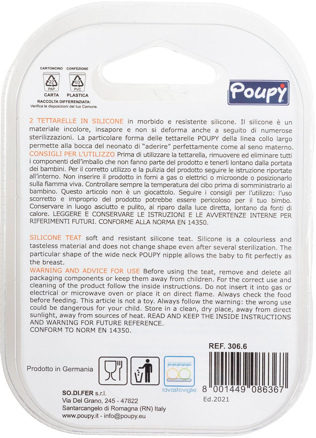 POUPY Tettarella per biberon neonati in silicone, senza BPA, lavabile