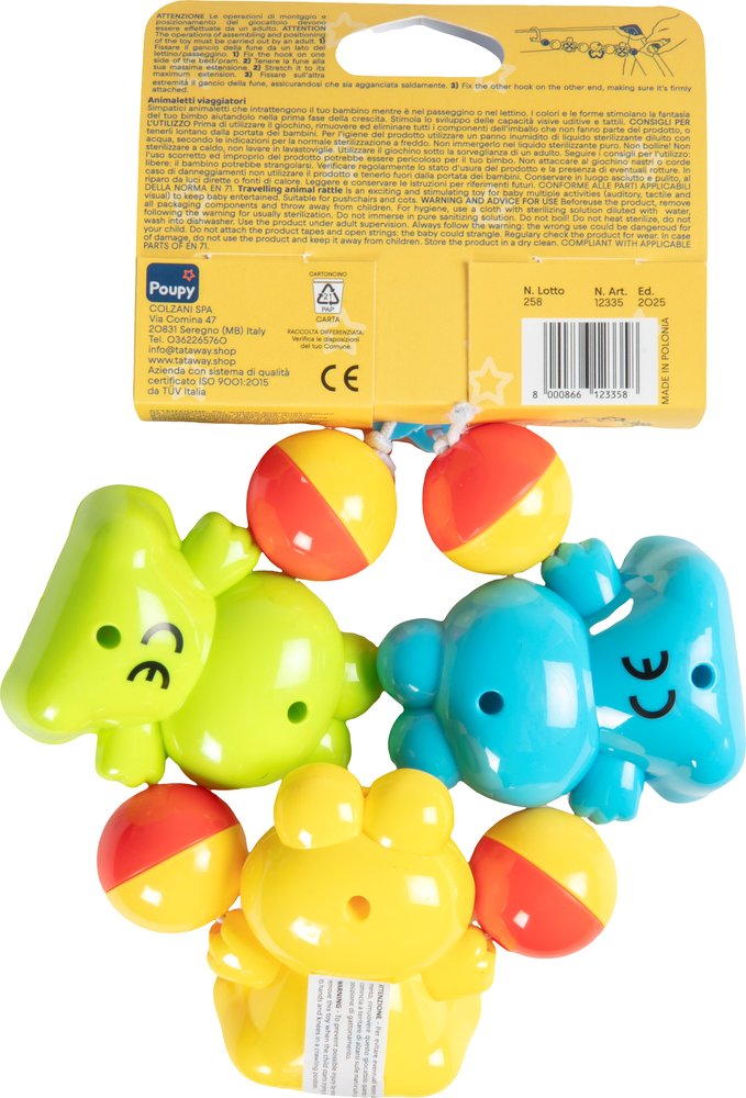 POUPY Animaletti Viaggiatori per bimbi, in materiale atossico, con colori