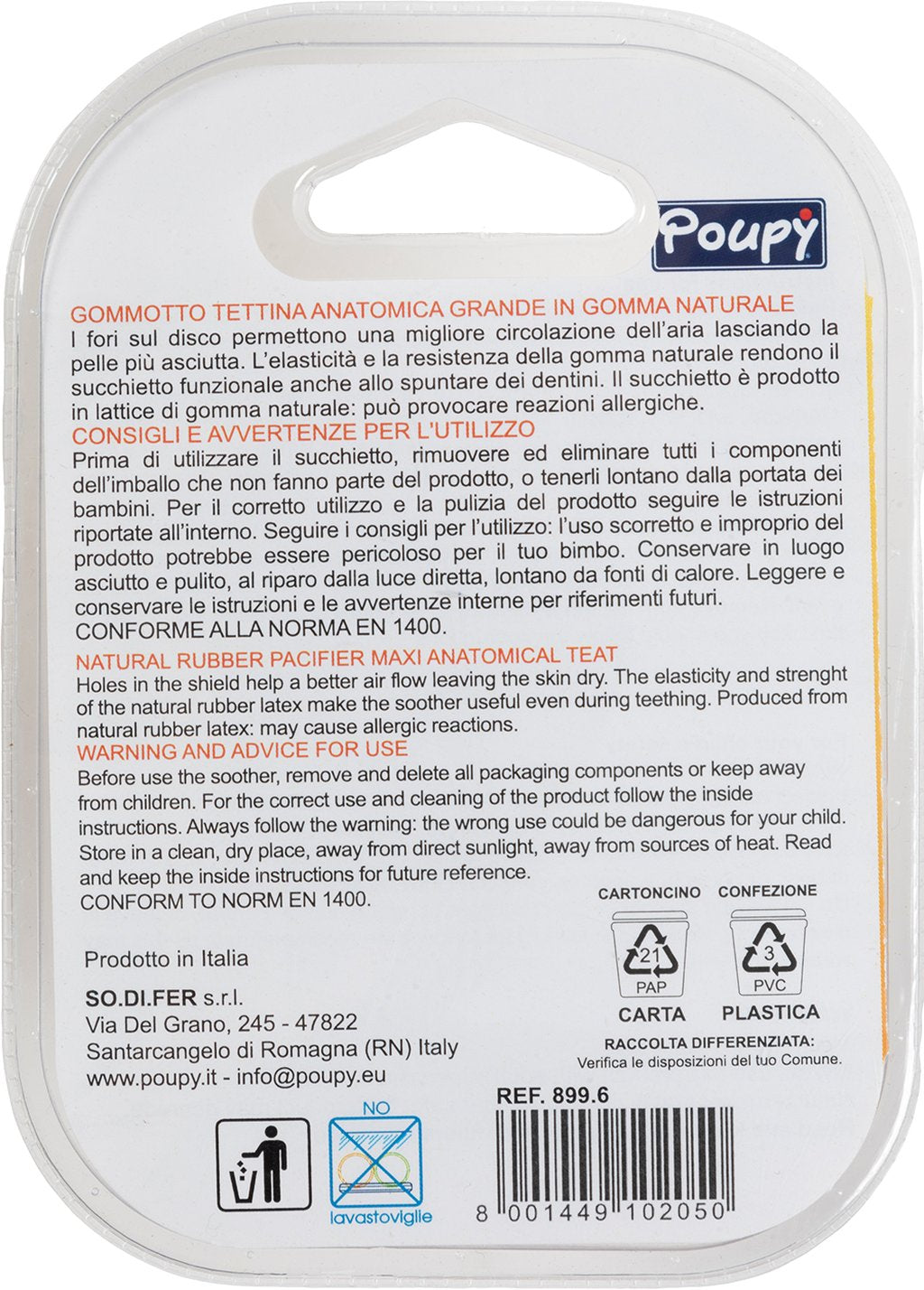 POUPY Ciuccio Bimbi in gomma con tettina anatomica senza BPA lavabile Originale