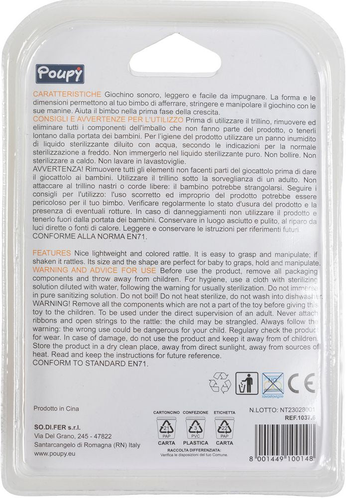 Trillino Zig Zag Poupy per bambini sonoro, leggero e facile da impugnare.