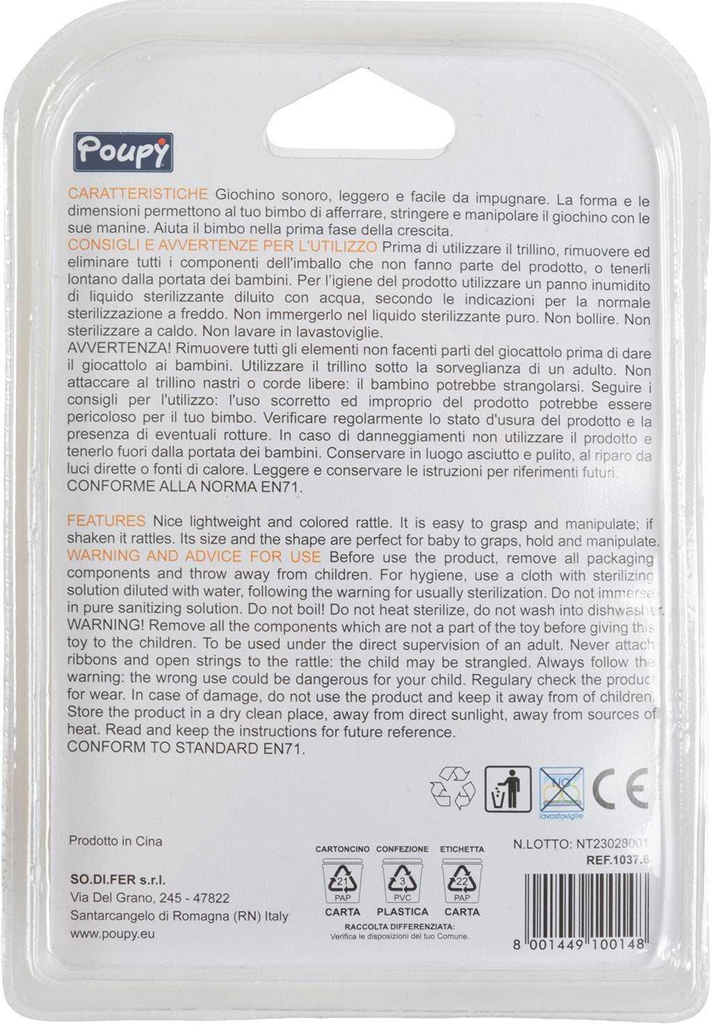 POUPY Trillino Zig Zag per bambini sonoro, leggero e facile da impugnare, aiuta