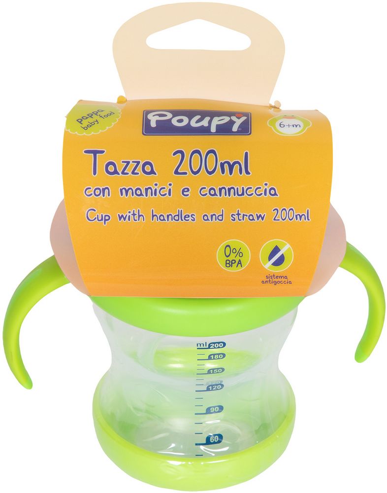 Tazza Poupy da 200 ML con manici, cannuccia e coperchio con beccuccio.