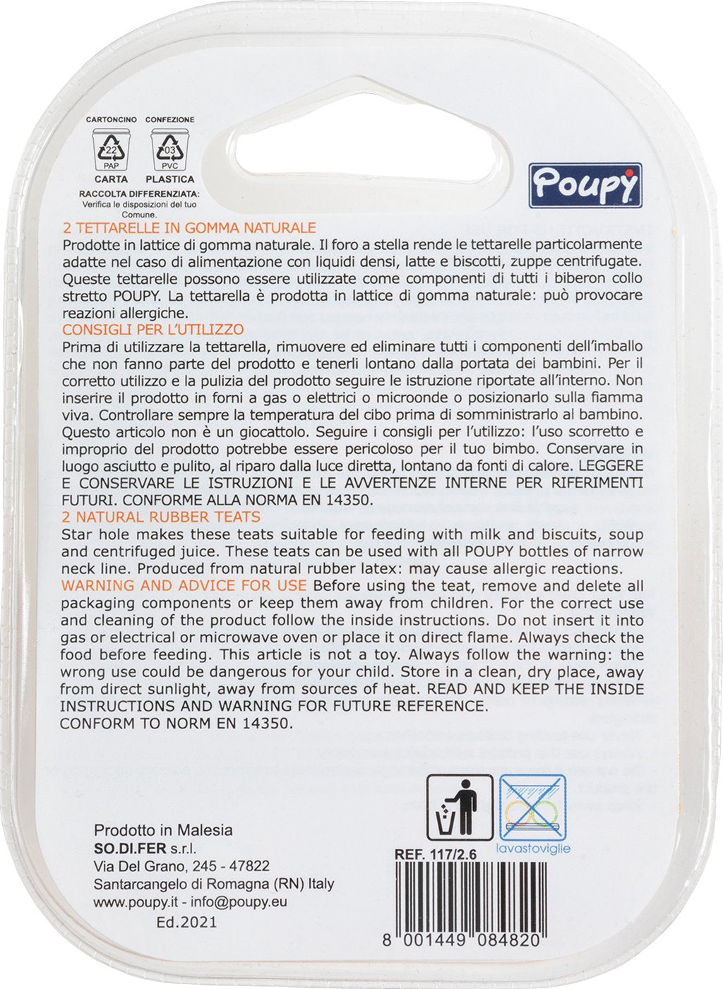 POUPY Ciuccio Bimbi in gomma naturale, senza BPA, con foro a stella, lavabile