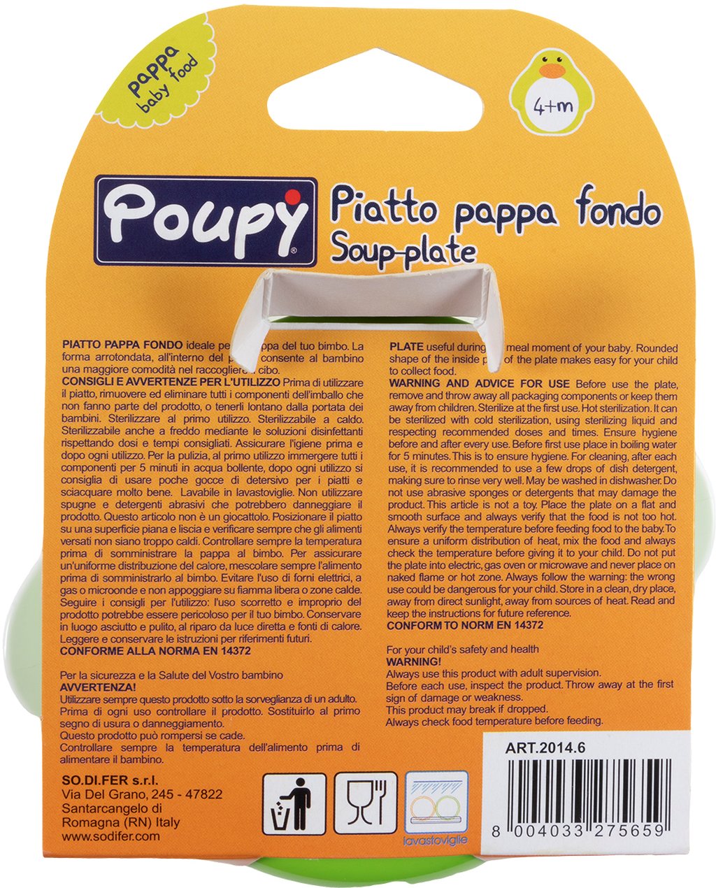 POUPY Piatto Pappa Fondo per bimbi in plastica, senza BPA, lavabile
