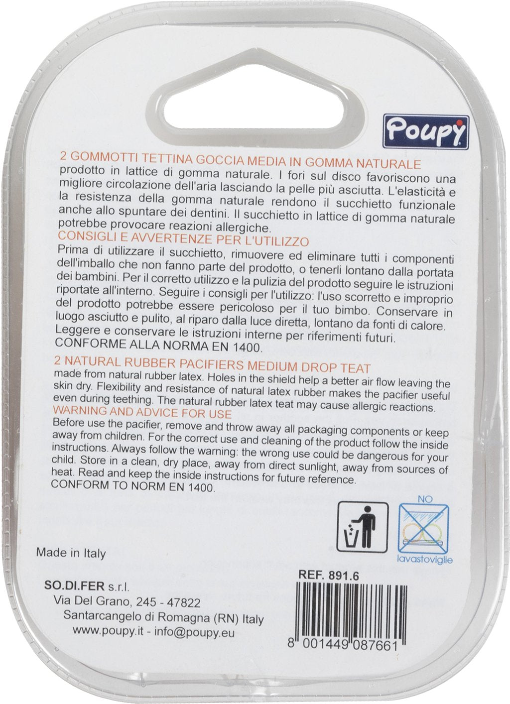 POUPY Ciuccio Neonato in gomma, senza BPA, lavabile e riutilizzabile, con fori