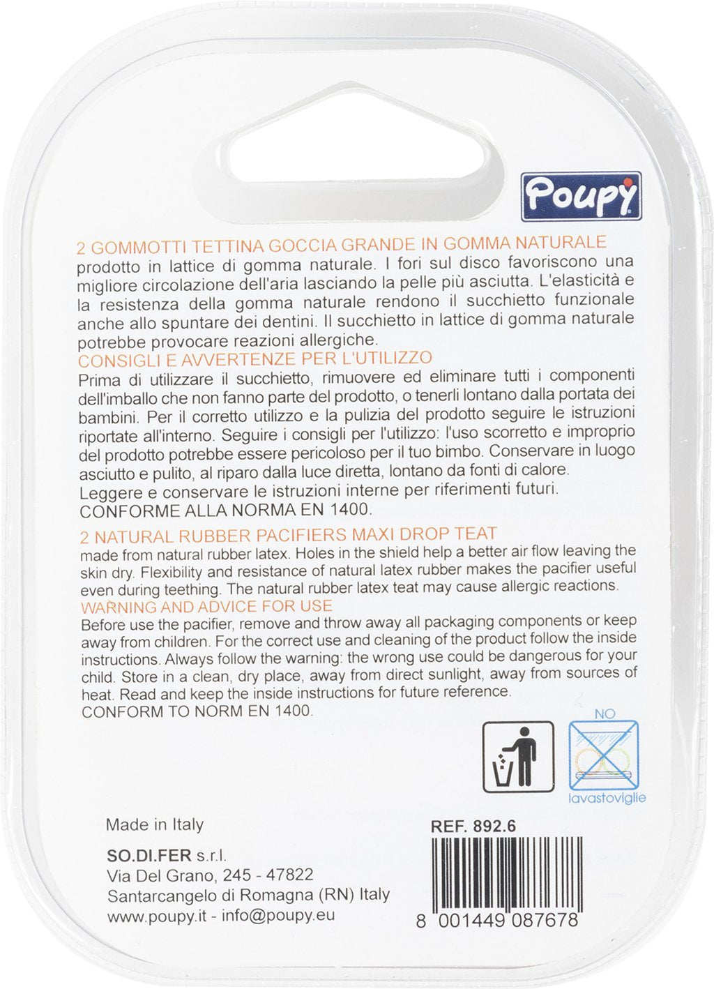 POUPY ciuccio in gomma per neonati, senza BPA, lavabile e riutilizzabile