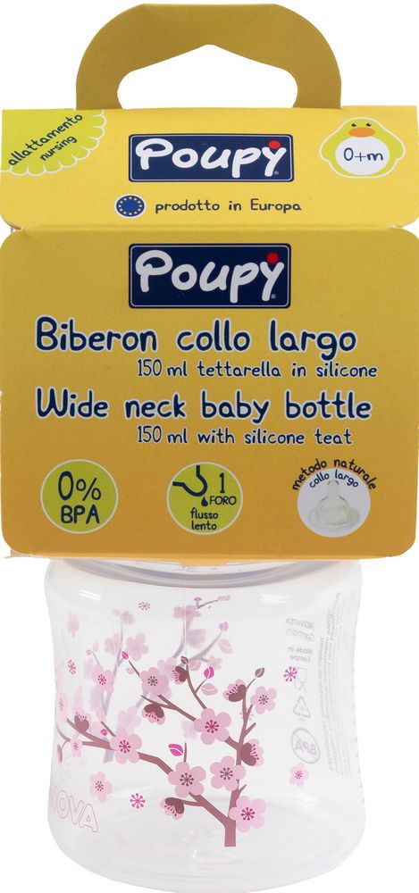 Biberon Poupy per neonati da 150 ml con collo largo e tettarella in silicone.