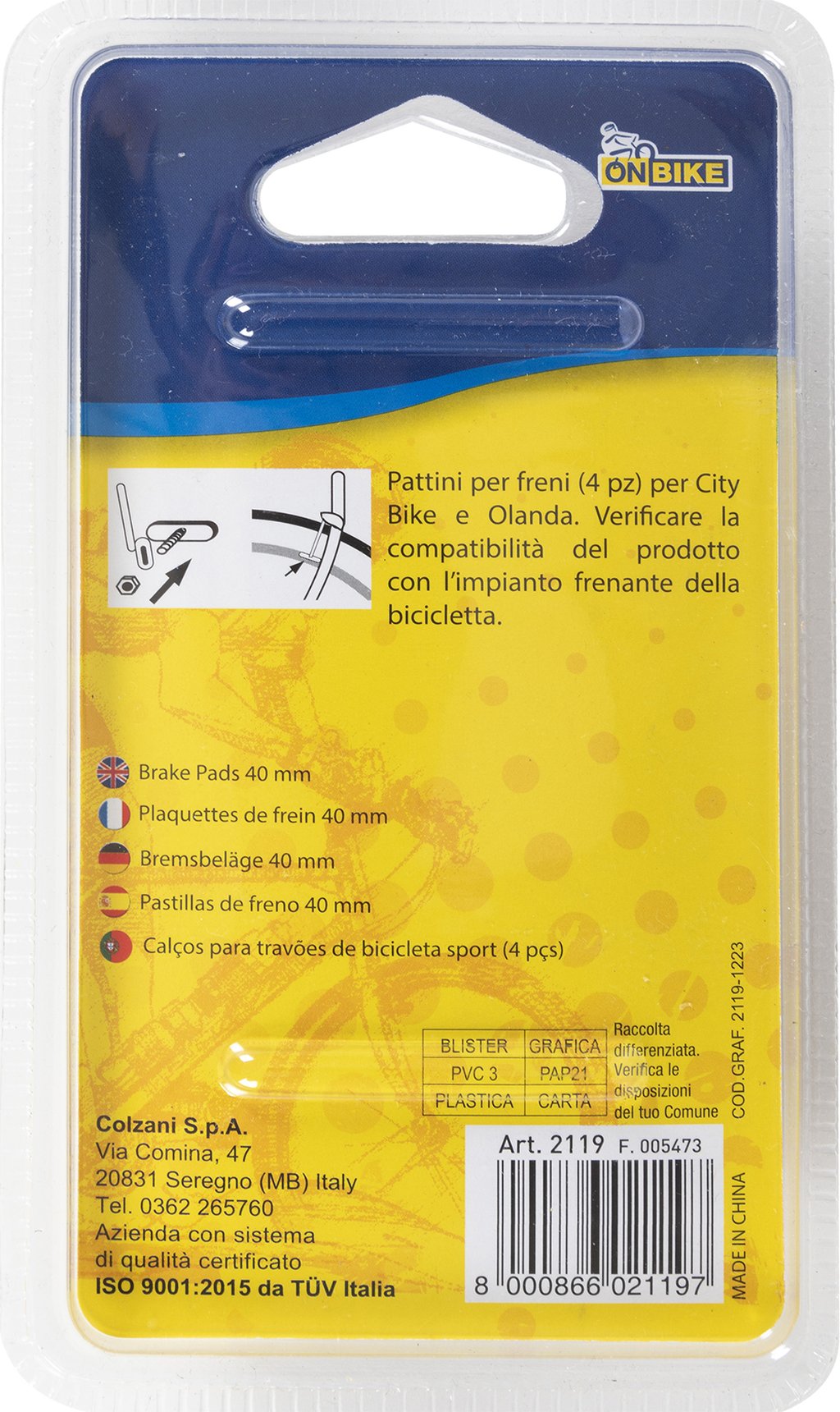 ON BIKE Pattini freni bici per city bike quattro pezzi 40mm Accessorio Originale