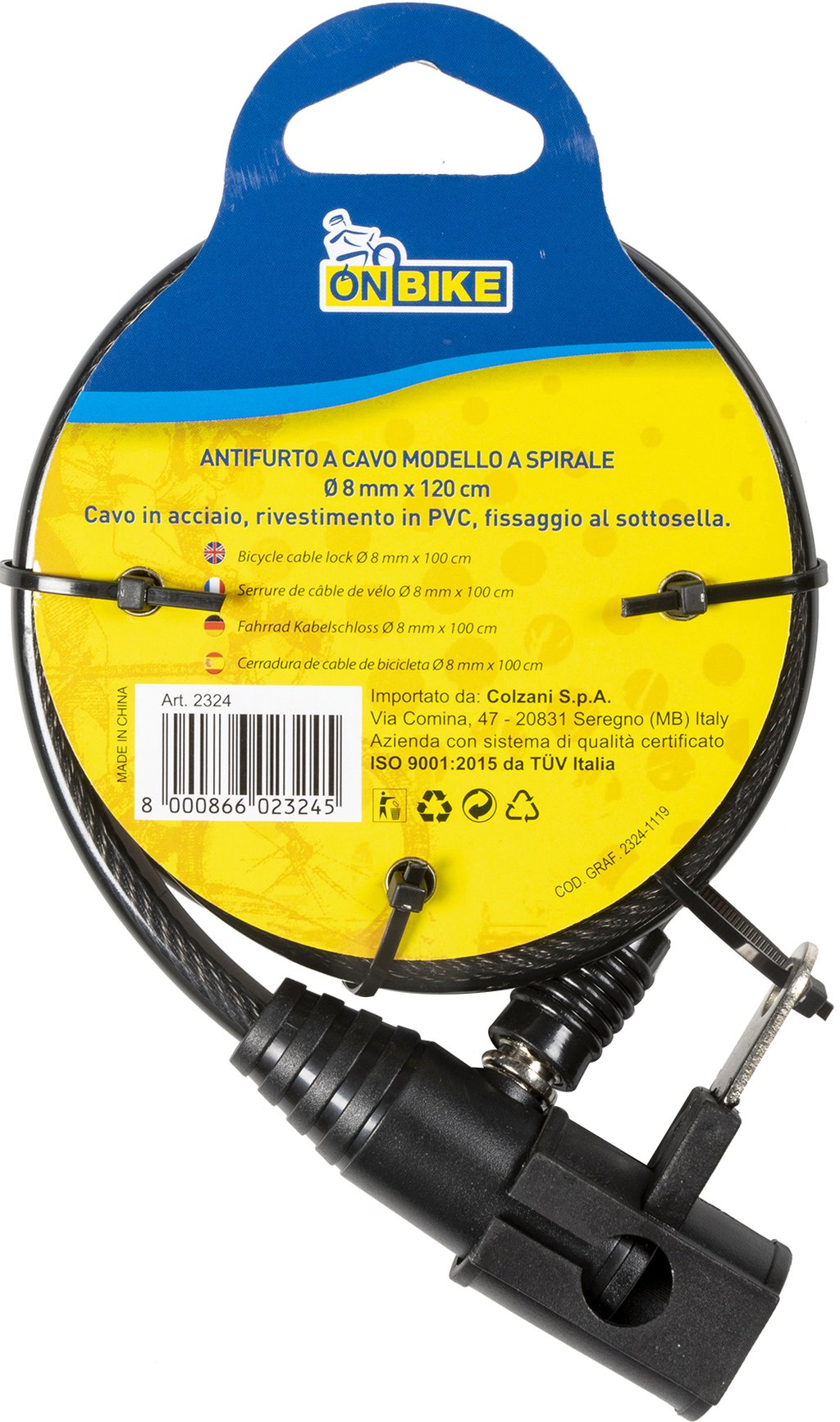 ON BIKE Antifurto Cavo a Spirale per Bici 0,8x120 cm ? Con Supporto Sottosella