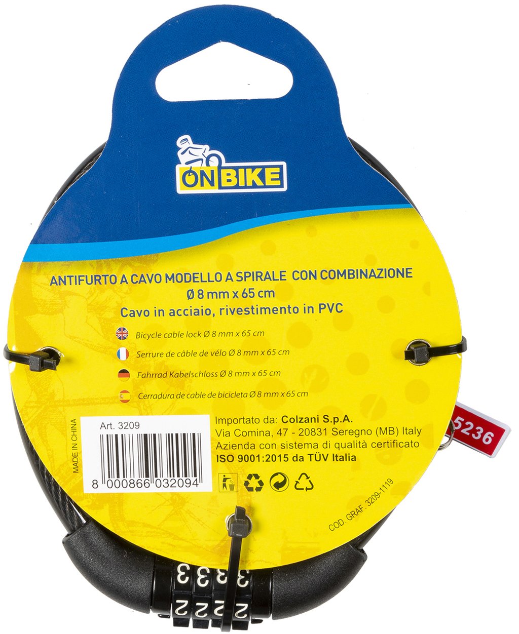 ON BIKE Antifurto Spirale a Cavo con Combinazione 8x65 cm Lucchetto Bici Auto