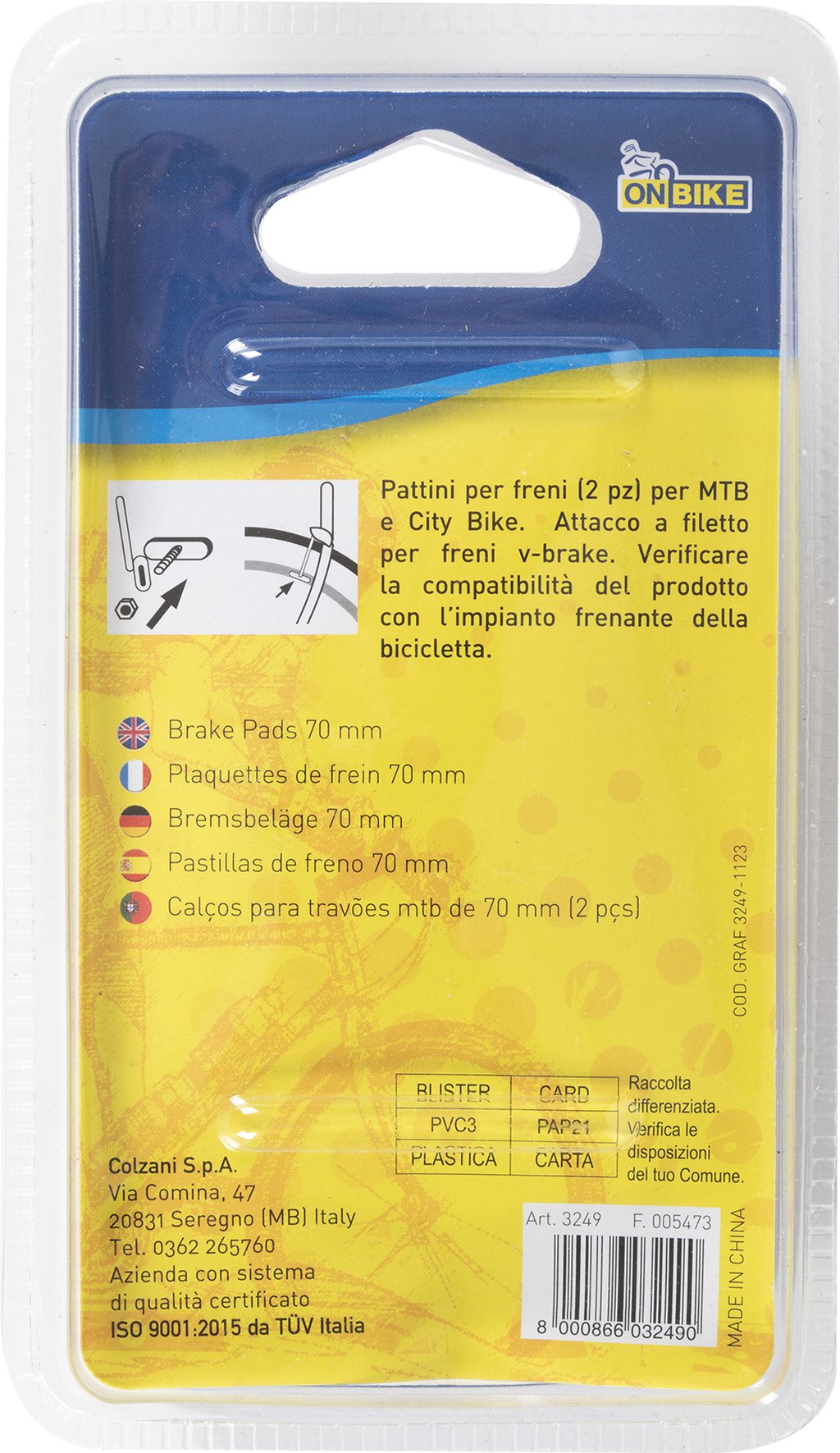 ON BIKE Pattini freno 70 mm 2pz MTB Accessorio Originale Uso Quotidiano Auto
