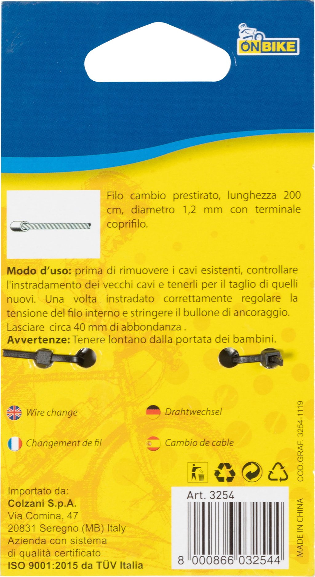 ON BIKE Filo Cambio Prestirato 2m Accessorio Originale Uso Quotidiano