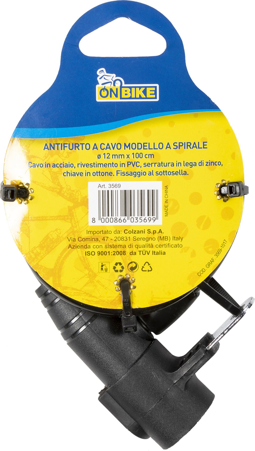 ON BIKE Antifurto cavo a spirale bici 1,2x100cm serratura in lega di zinco