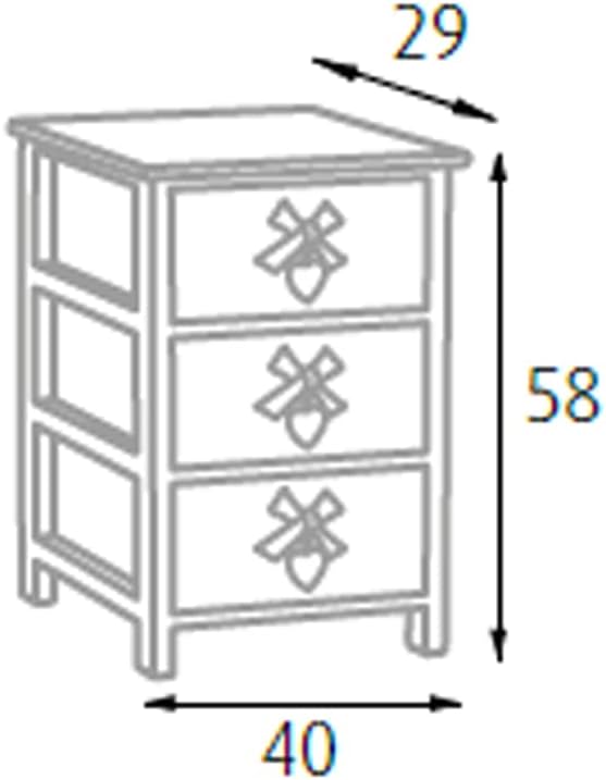 King Home Cassettiera In Legno Di Paulownia 40x29x58h cm 3 Cass. C/Cuore White Washed