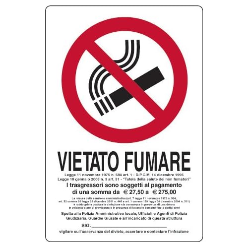 Cartello plastica "Vietato fumare, legge del..." - 300 x 200 mm.