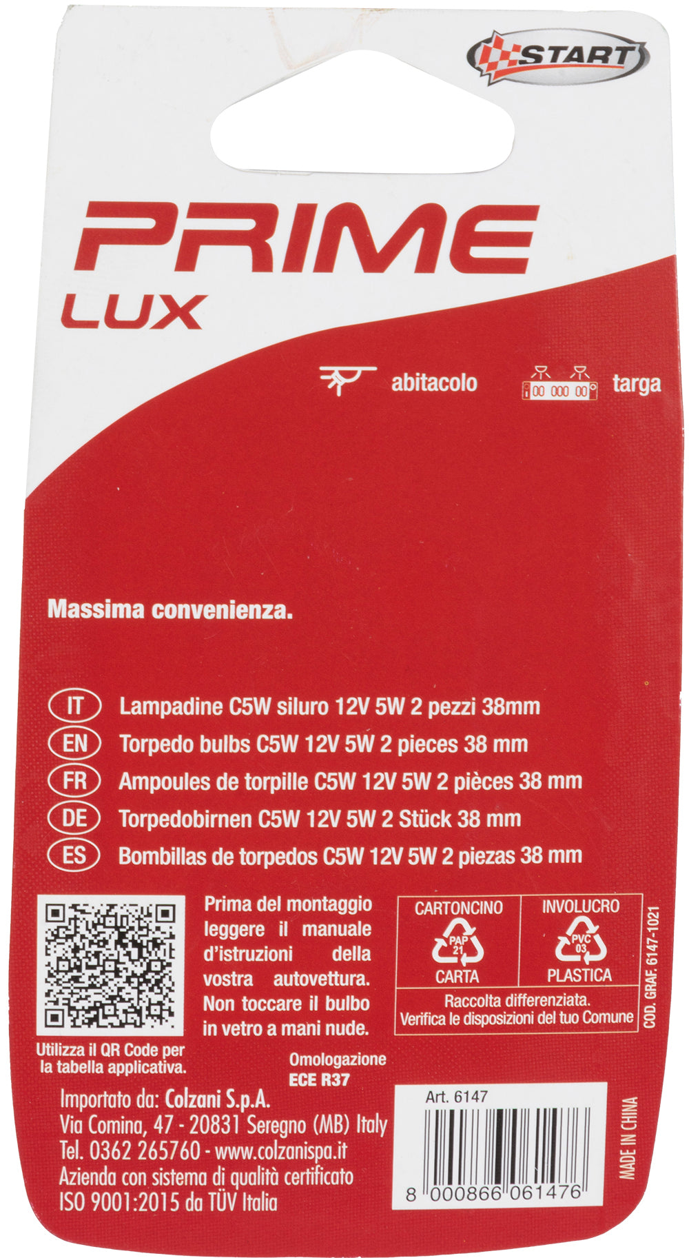 START C5W Coppia di Lampadine Siluro per luci auto 12V 5W SV8,5 misure 8mm