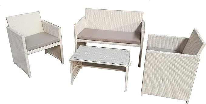 Garden Friend Salotto Valencia (2 poltrone 1 divano 1 tavolo) rivestimento in polyrattan bianco con cuscini grigi