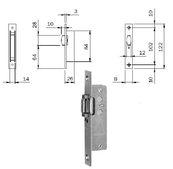 ISEO 764002 SERRATURA INF. X MONTANTI FRONT. MM.20 C/RULLO R