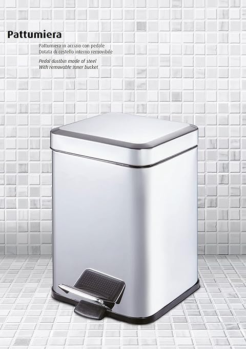 King Home PATTUMIERA QUADRA IN ACCIAIO CON PEDALE LT. 6 20x20x31h cm