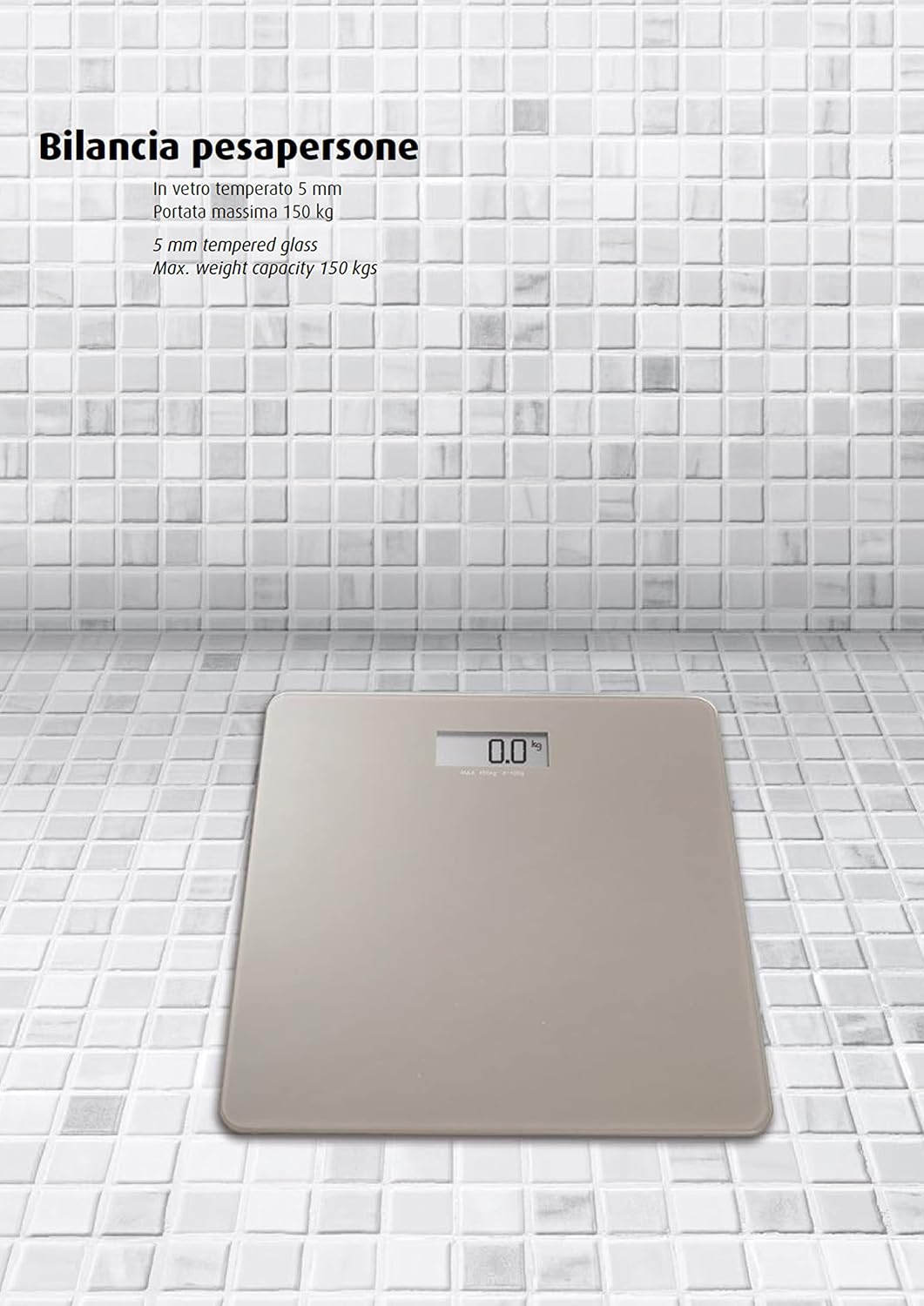 King Home BILANCIA PESAPERSONE con display LCD portata portata max 150KG base in vetro bianca 30x30x1,7h cm