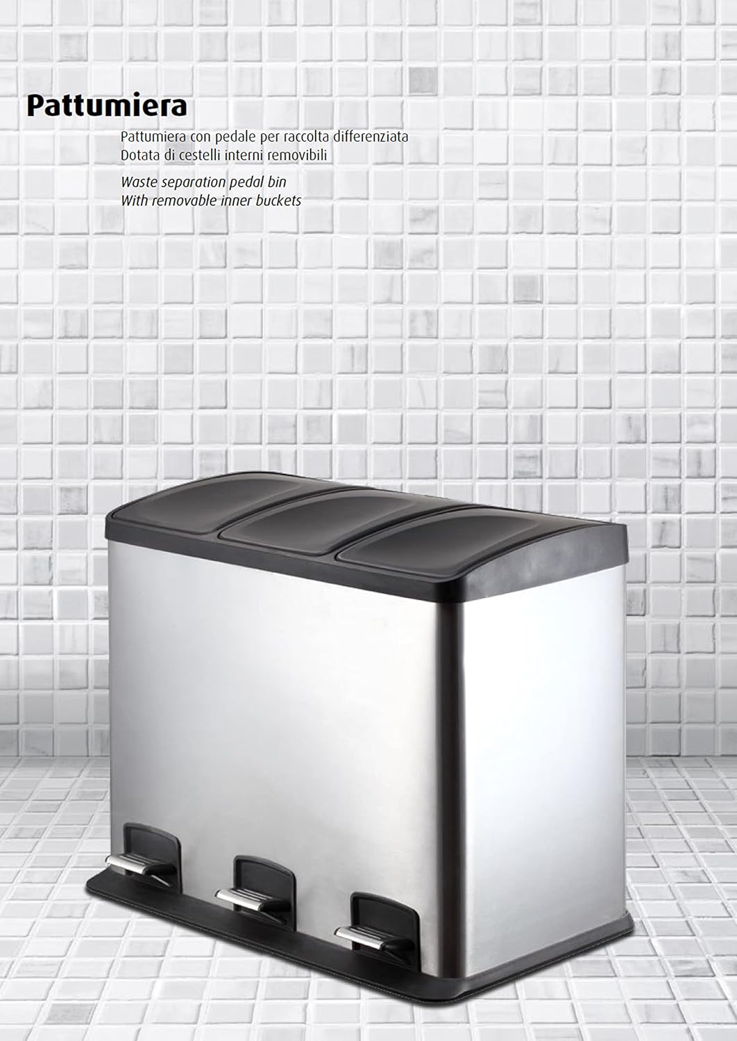 King Home Pattumiera 3x12 l per raccolta differenziata 55,5x36x45h cm con pedale