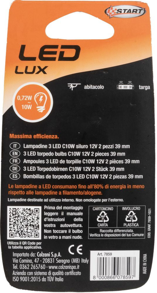 START C5W Coppia di Lampadine Siluro per luci auto 12V 5W SV8,5
