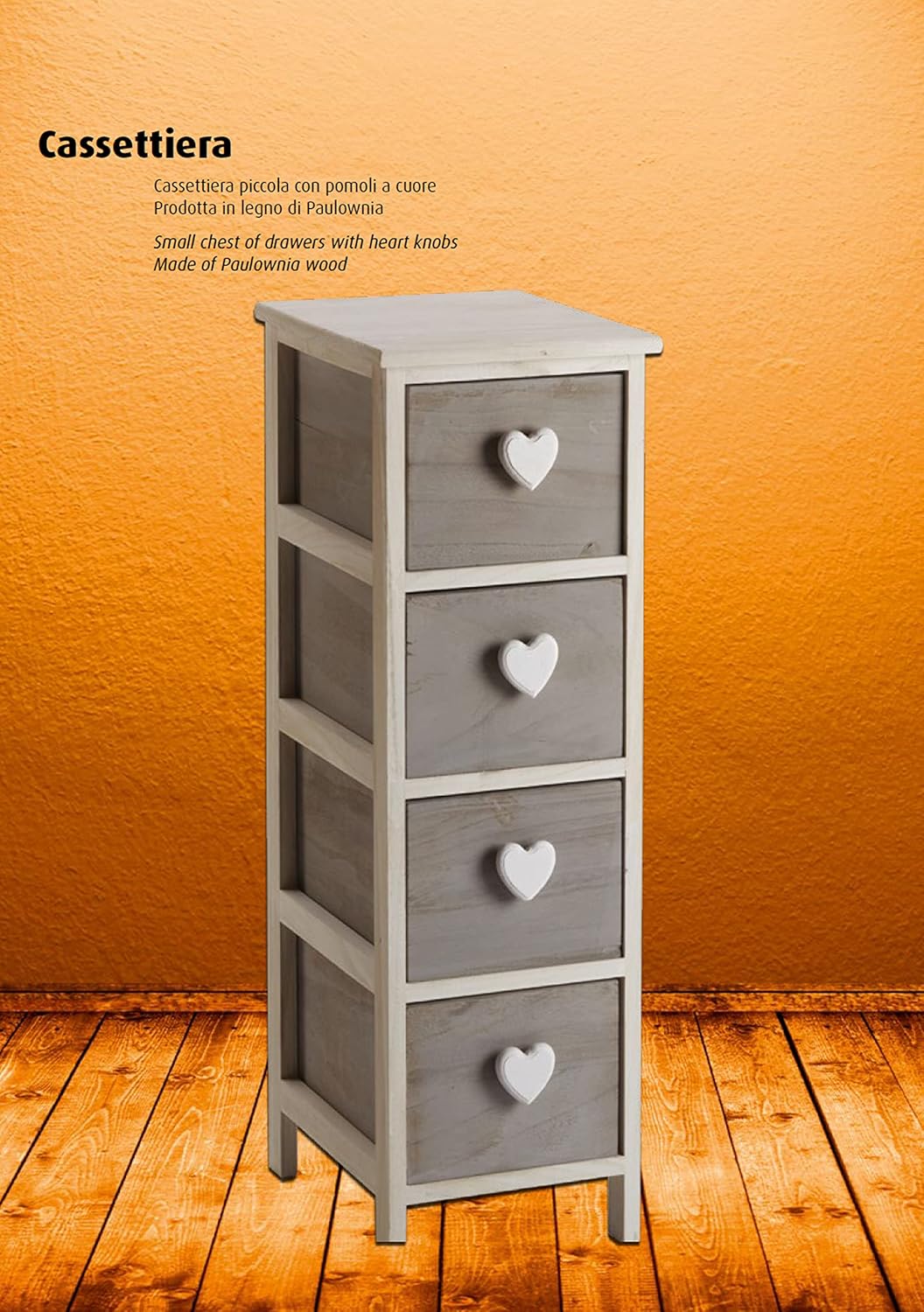 King Home Cassettiera In Legno di Paulownia 26x32x81h cm 4 Cass.C/Cuore bianca/grigia