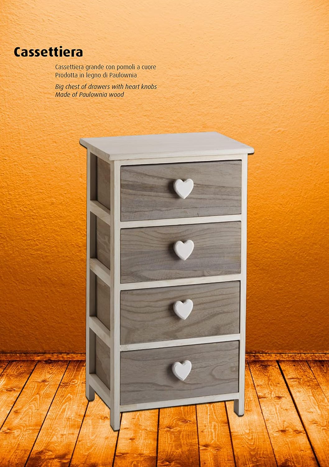 King Home Cassettiera In Legno di Paulownia 40x29x73h cm 4 Cass.C/Cuore bianca/grigia