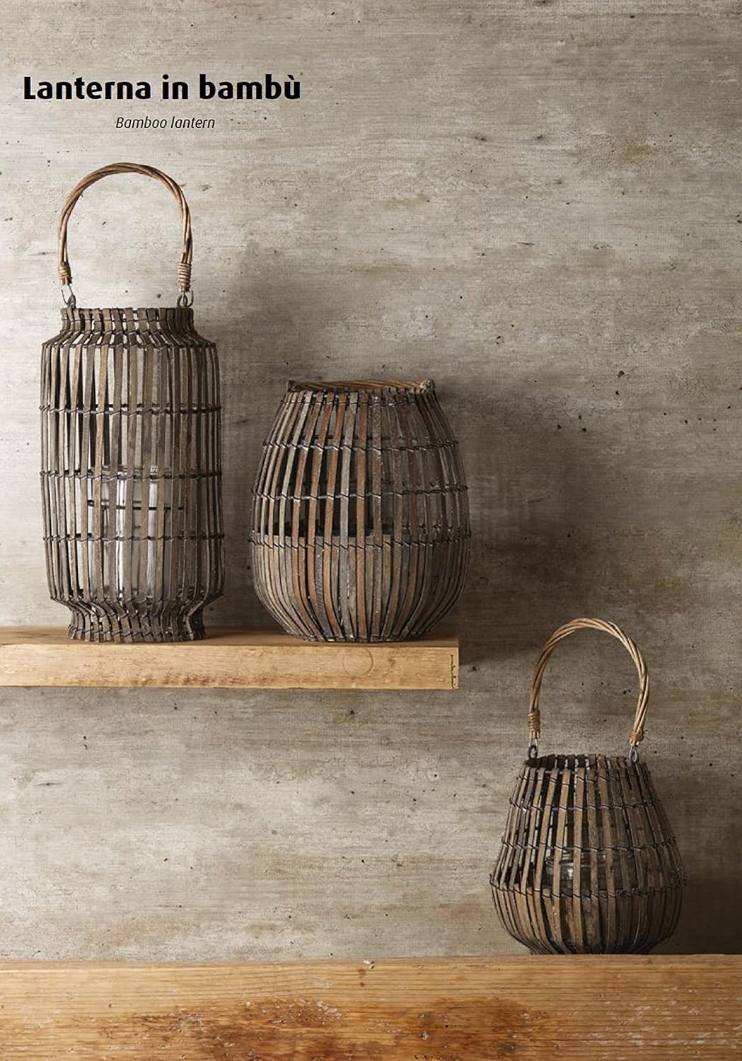 King Home LANTERNA BAMBOO GREY C/BICCHIERE 20x39h cm