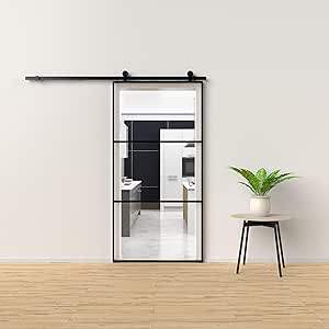 PORTA SCORREVOLE NERA IN KD C/VETRO TRASPARENTE A TRE SEZIONI E CORNICE IN ALLUMINIO NERO 96X220 h cm