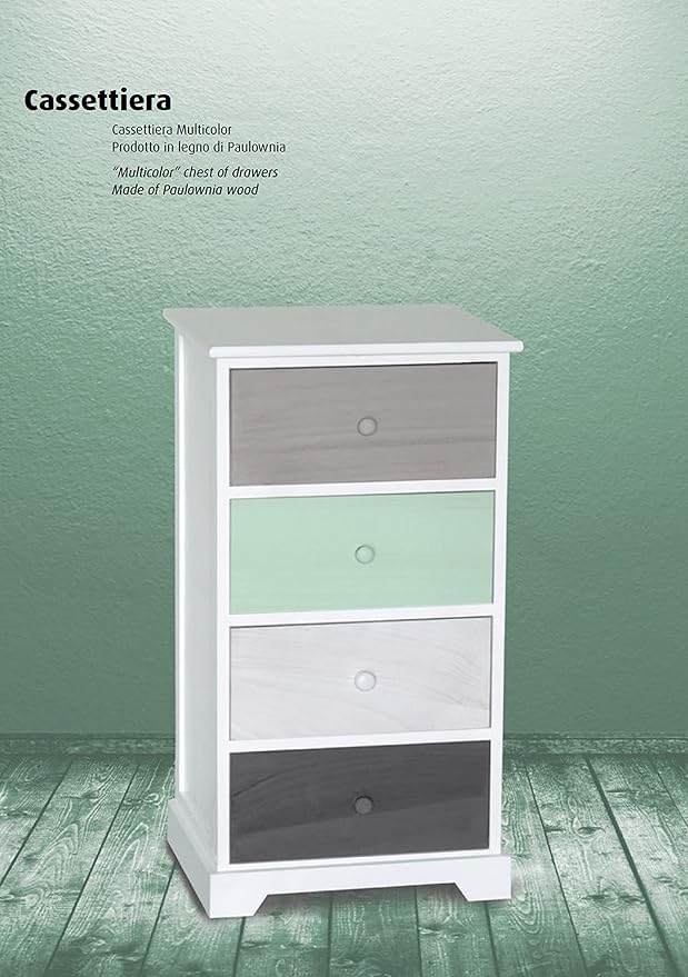 King Home Cassettiera In Legno di Paulownia 42x32x63h cm 3 Cassetti Multicolor