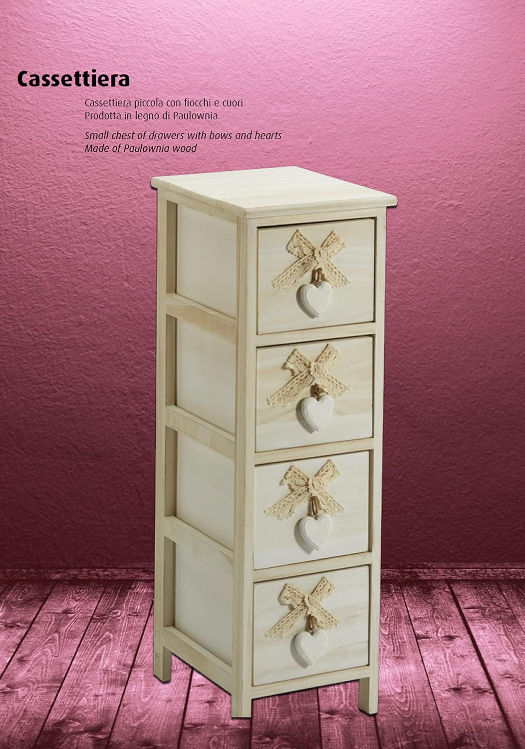 King Home Cassettiera In Legno Di Paulownia 26x32x81h cm 4 Cass. C/Cuore White Washed
