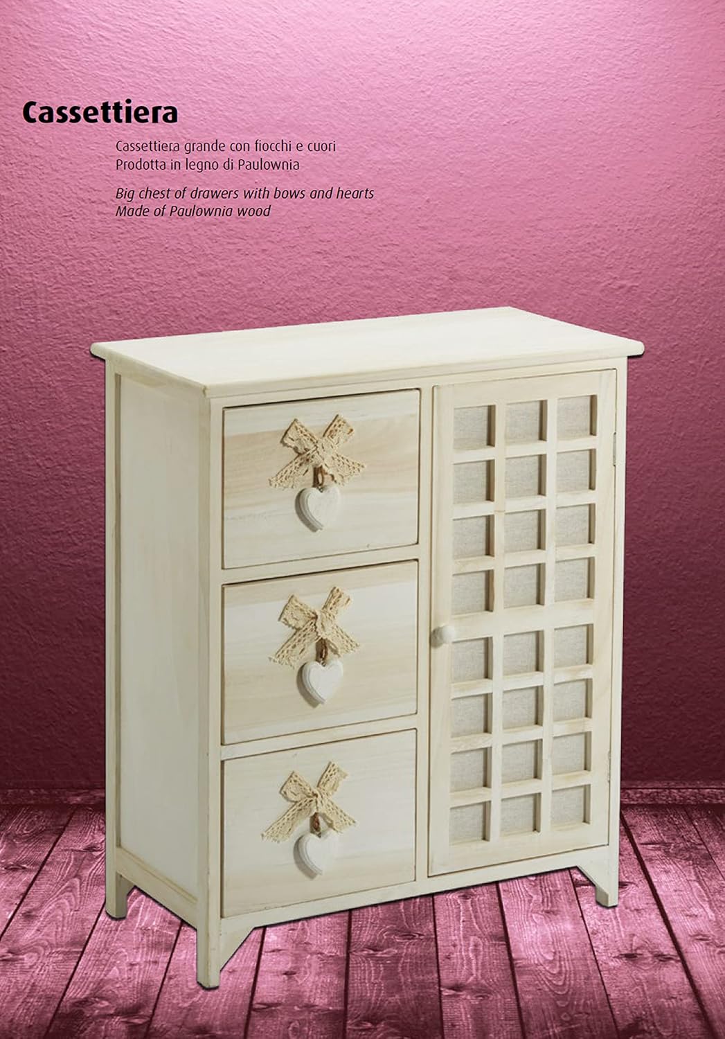 King Home Cassettiera In Legno Di Paulownia 62x31x73h cm 3 Cass. C/Cuore + Anta White Washed