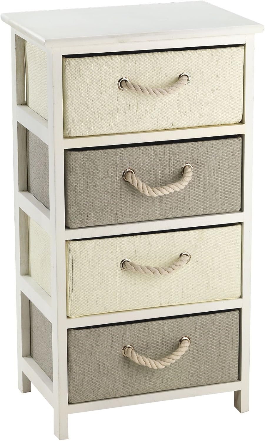 King Home Cassettiera in Legno E Rafia Sintetica 40x30x74h cm 4 Cassetti bianca/sabbia/beige