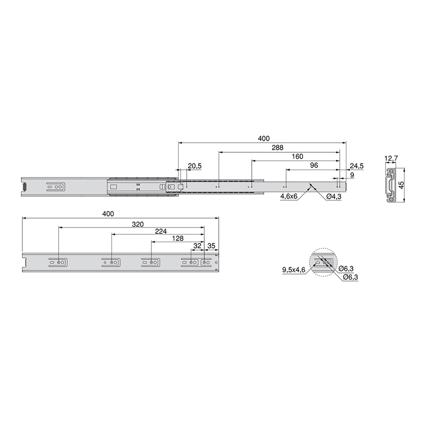 Guide a sfera per cassetti ad estrazione totale, altezza 45 mm