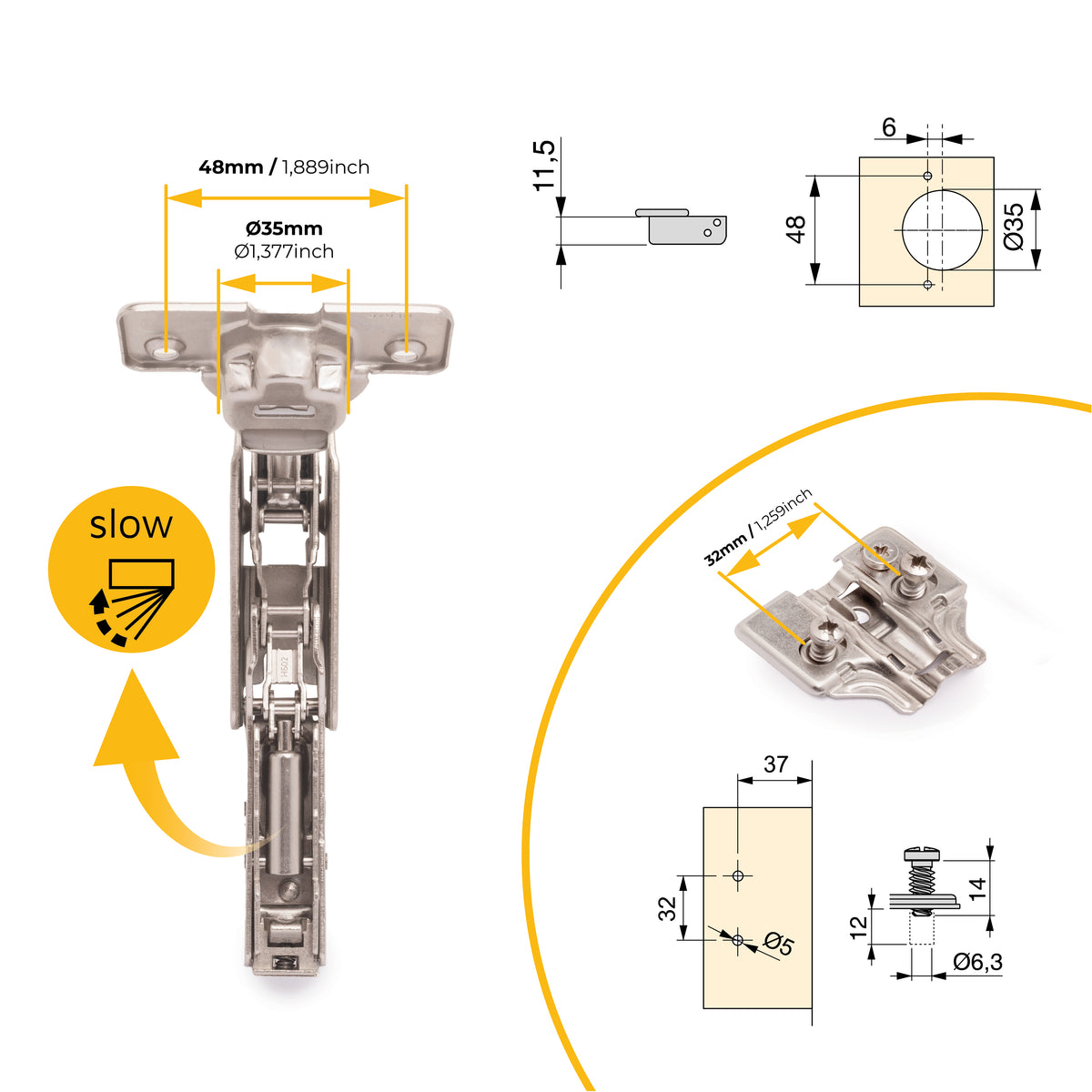 Kit cerniera collo dritto X91 da apertura 165 con chiusura amortizzata e basetta