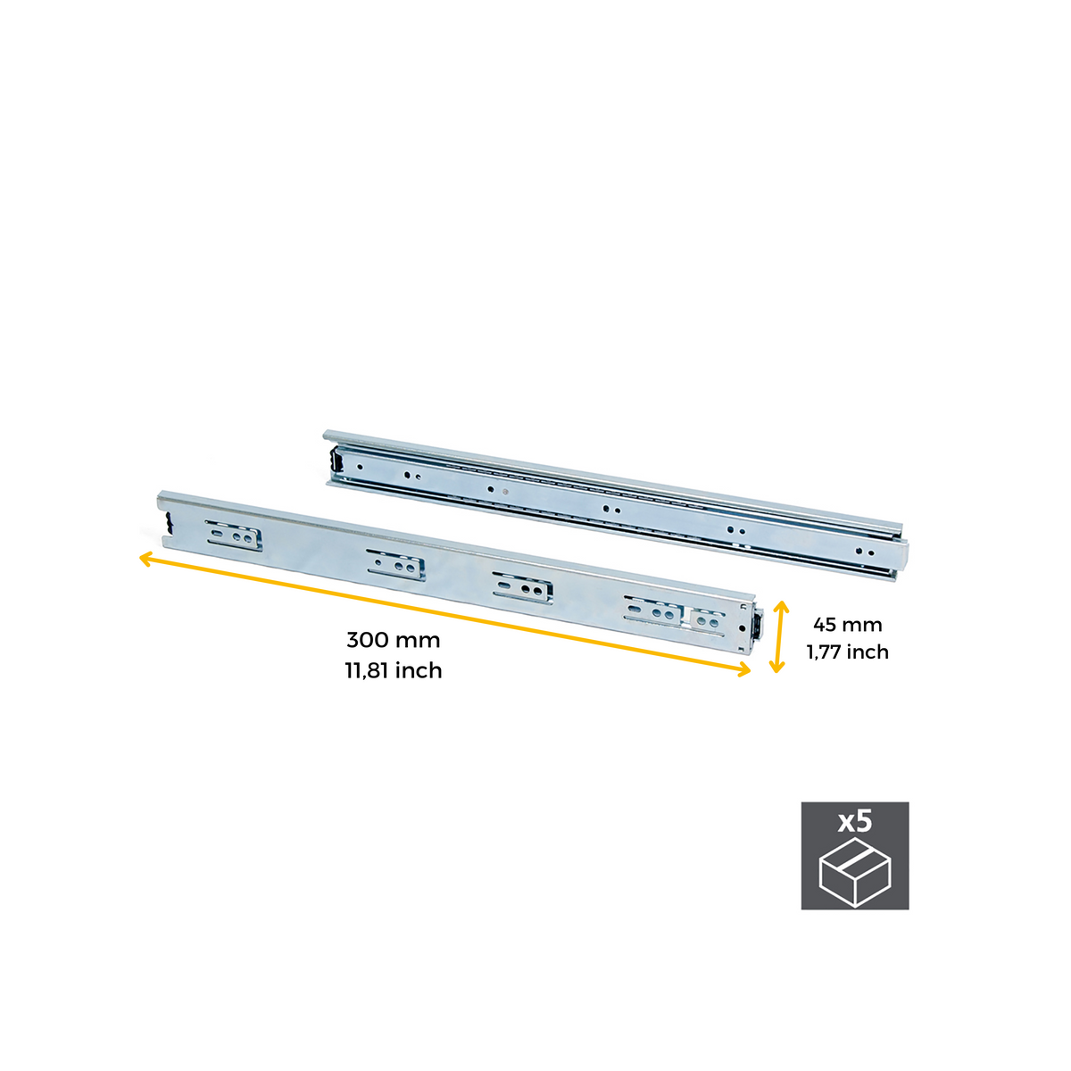 Guide a sfera per cassetti ad estrazione totale, altezza 45 mm