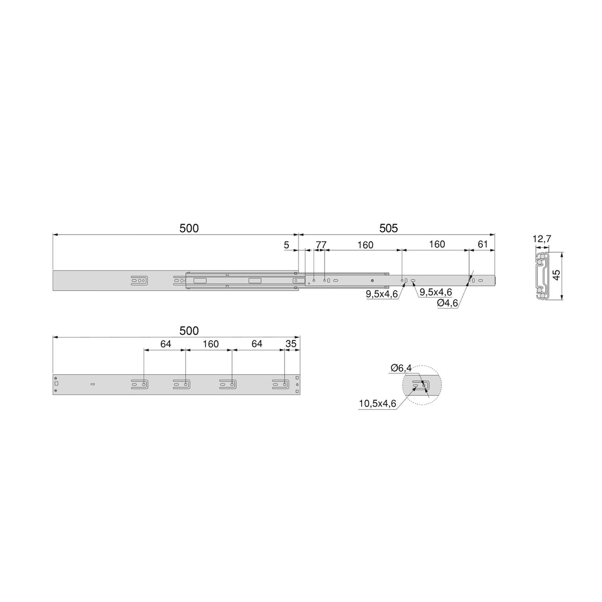 Kit Guide per cassetti, a sfera, estrazione totale, sistema push, chiusura soft, 45 mm.