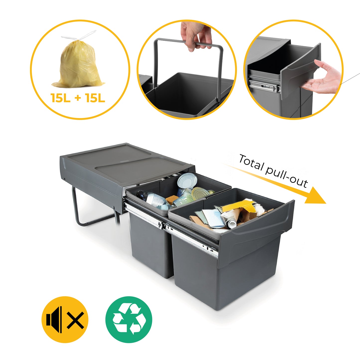 Pattumiere per raccolta differenziata per cucina, 2 x 15 L, fissaggio inferiore ed estrazione manuale