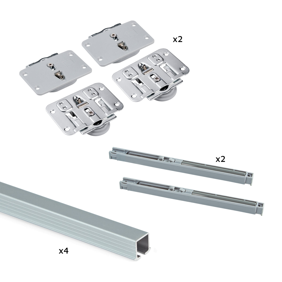 Sistema Flow in formato kit per armadio a 2 ante scorrevoli in legno supportate con chiusura ammortizzata