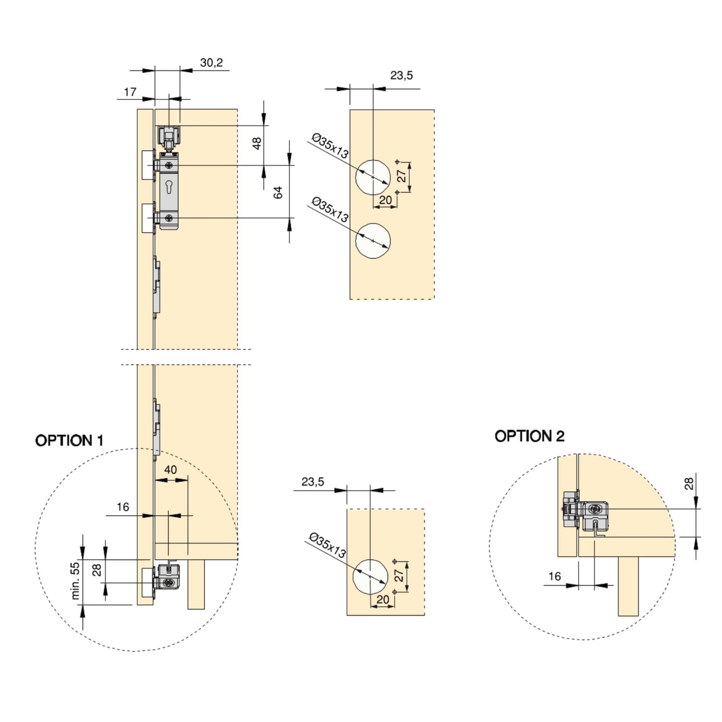 Sistema Twofold in formato kit per 2 ante scorrevoli in legno pensili e pieghevoli con chiusura ammortizzata