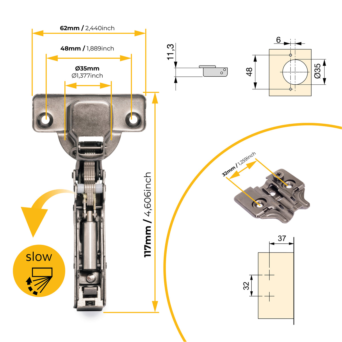 Kit cerniera collo dritto X91 con chiusura ammortizzata e basetta