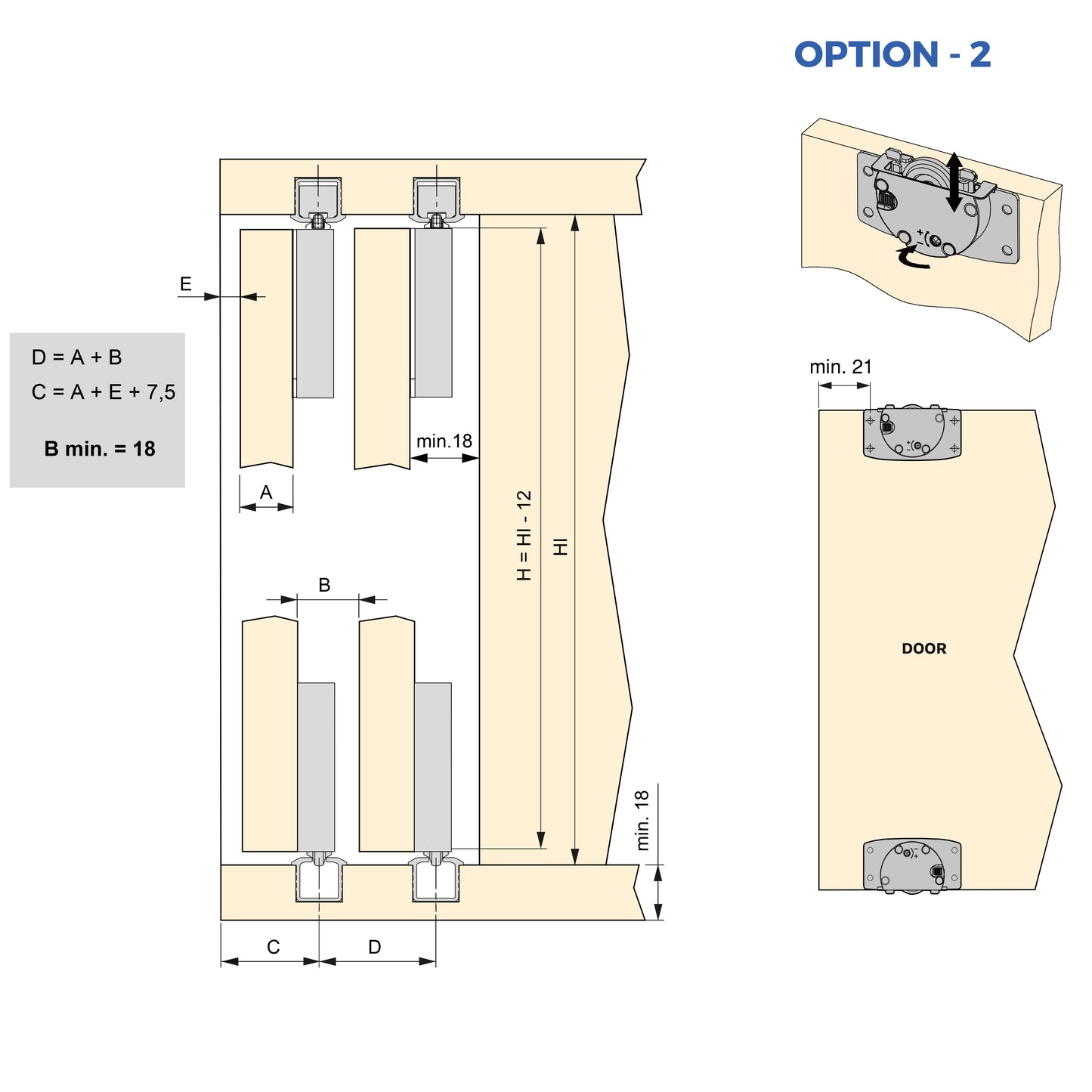 Sistema Flow 2 in formato kit per armadio a 2 ante scorrevoli in legno supportate con chiusura ammortizzata